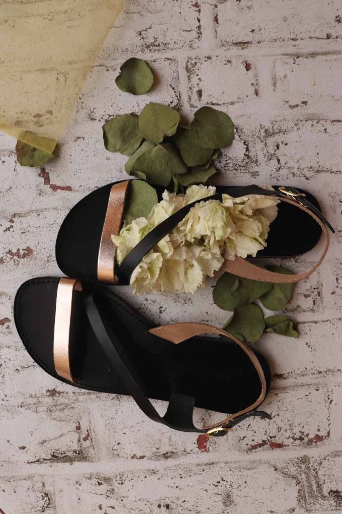 Sandale dama piele naturala FUNKY STRIPES, bronz - negru